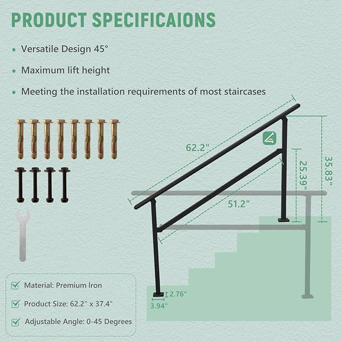 2 Pack Hand Rails for Outdoor Steps,4-5 Step Railing for Stairs,Adjustable Porch Railing,Hand Rails for Seniors,Outdoor Deck Handrails for Exterior Steps,Black