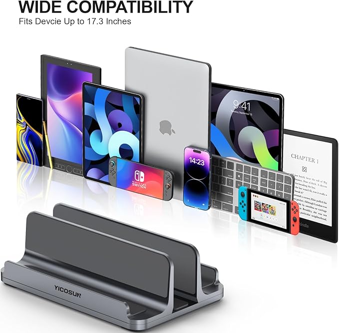 3-Slot Aluminum Vertical Laptop Stand for Desk - Adjustable Width Dock for MacBook, Surface, Samsung, HP, Dell up to 17.3 inches - Space-Saving & Protective Design - Gray