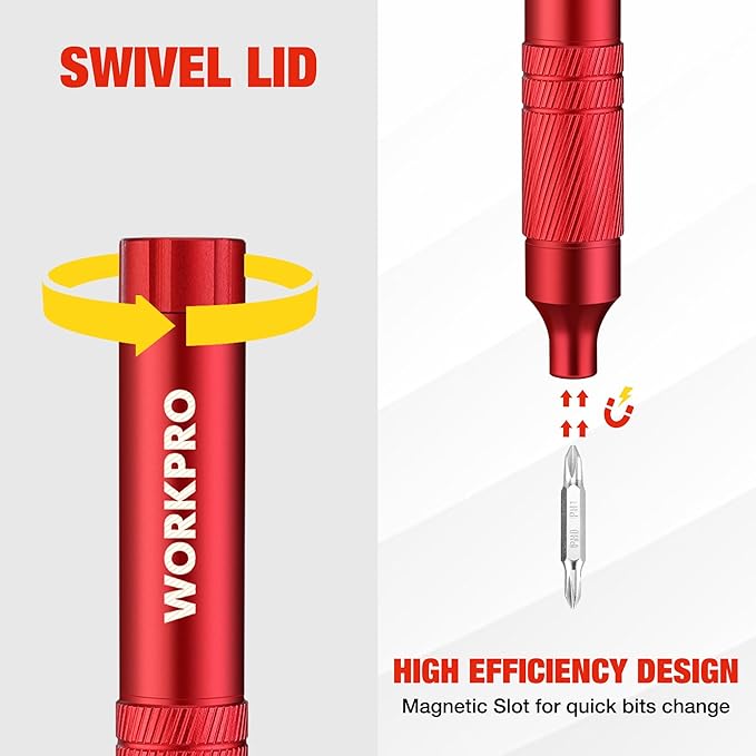 WORKPRO 24 in 1 Multi Bit Mini Screwdriver Set Magnetic, Manual Pen Screwdrivers, Tough S2 Steel Small Screwdriver Bits for Eyeglass, Watch, Laptop, Phone, Jewelry and Electronic, Red