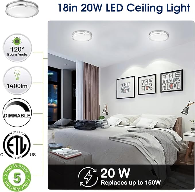 LUNABODE 18-Inch Double Ring Dimmable LED Flush Mount Ceiling Light, 20W, 5CCT 2700K-5000K,1400lm, Brushed Nickel Finish Steel, ETL Listed (2 Pack)