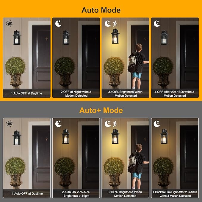 2 Pack Motion Sensor Outdoor Lights, 3 Adjustable Lighting Modes Porch Lights, Dusk to Dawn Exterior Lighting Fixture, Waterproof Outside Wall Lantern Sconce for House, Garage, Front Porch, ETL Listed