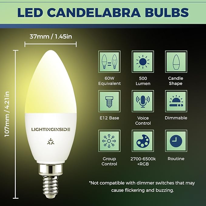 Matter Candelabra Smart Light Bulbs 60W Equivalent, Candle E12 LED Bulb Compatible with Alexa/Siri/Apple Home/Google Home/SmartThings, RGBCW, 2.4G WiFi, ETL Listed, Hub Required, 4PCS