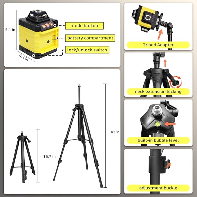 Laser Level, 4 x 360° Laser Level with Tripod, Self Leveling Laser Level 4D Green Lazer Level 16 Lines Laser Level 360 Self Leveling for Construction, Picture Hanging, Floor Tile, Renovation