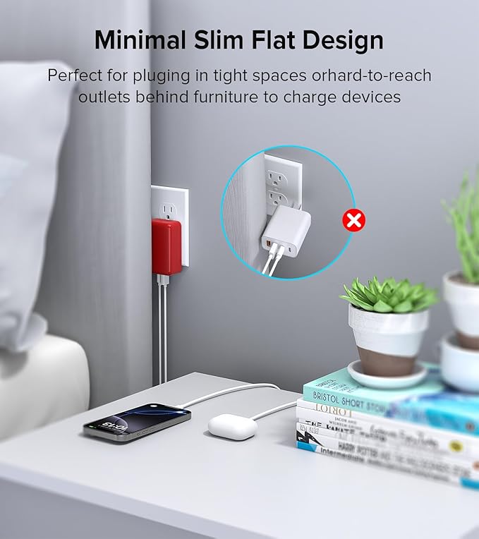 [2-Pack] Flat USB C Wall Charger,40W Fast USB C Charger Block,4-Port PD Power Adapter +QC Wall Plug Multiport Type C Charging Block Cube Compatible with iPhone 16 15 14 13 12 11 Pro Max XR XS 8 7(Red)