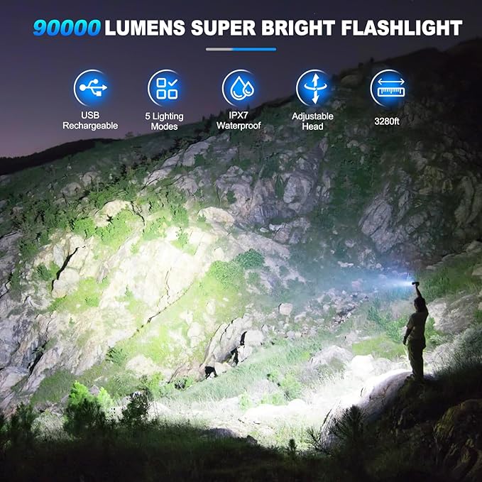 KINGCAESAR Flashlights High Lumens Rechargeable, 2 Pack 90,000 Lumens Super Bright Flashlight, 5 Modes LED Flashlight, IPX7 Waterproof Powerful Flash Light for Home, Outdoor Activities