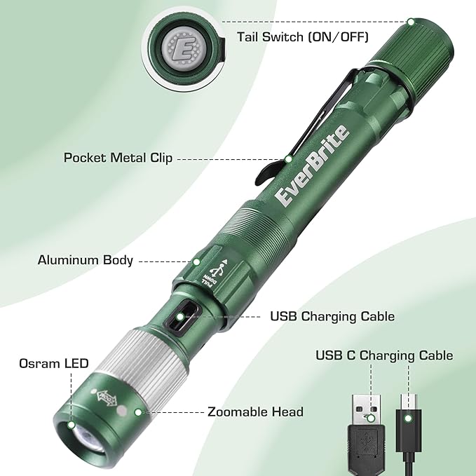 EverBrite Pen Light, Rechargeable Pen Flashlights, 300 Lumens Zoomable LED Small Flashlight with Clip, Memory Function, USB-C Cable Included, Pocket Size for Camping, Emergency, Mechanic, Green