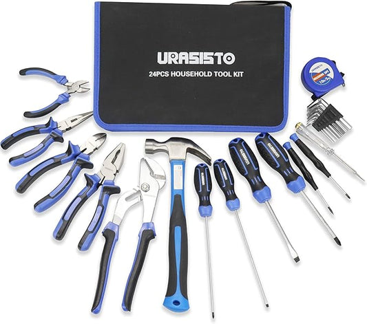 24-Piece Household Tool Kit for Men Repair Hand Tool Set Bag with Hammer, Screwdriver,Pliers, Wrench set with Storage Bag