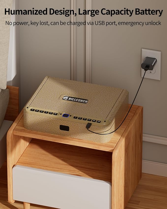 BILLCONCH Gun Safe for Handgun - Biometric Pistol Safe 4 Ways Quick Access with Fingerprint/Full-digital Keypad/Key/APP Lock and Security Cable for Nightstand Bedside Home - Limited Gold