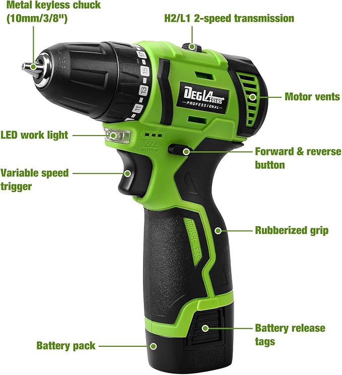 16.8V Cordless Drill, DEGLASERS Electric Power Drill with Battery and Charger, 3/8”Keyless Chuck, 2 Variable Speed, 20+1 Torque Setting for Man/Women Home Use
