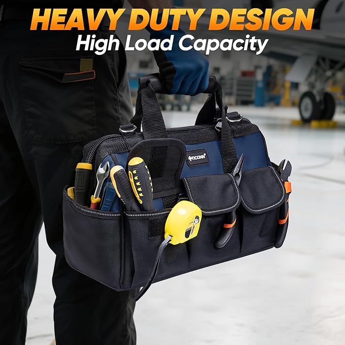 TICONN Heavy Duty Tool Bag with Multi-Pockets, Portable Tool Box Organizer Storage Bag, with Adjustable Shoulder Strap and Ergonomic Handle (Blue, 16" Standard Base)