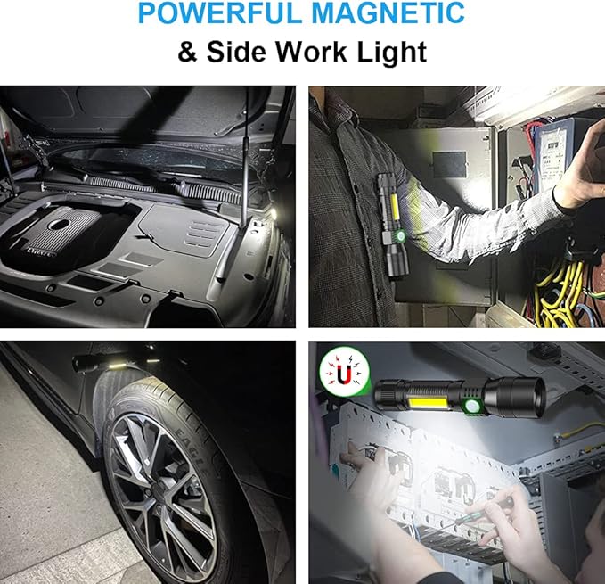 UV Flashlight Rechargeable, Black Light Flashlight with Magnet&Side Work Light 3in1 Tactical Flashlight Blacklight&Redlight, Zoomable, Waterproof LED Torch for Pet Urine Detector, Mechanics,2 Pack