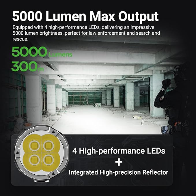 NEXTORCH P91 Tactical Flashlight High Lumens, 5000 Lumens Dual Switch Rechargeable Flashlight with 6 Modes & Strobe & Ceramic Glass Breaker for Night Duty, Breakout Operations, Tactical Training, etc