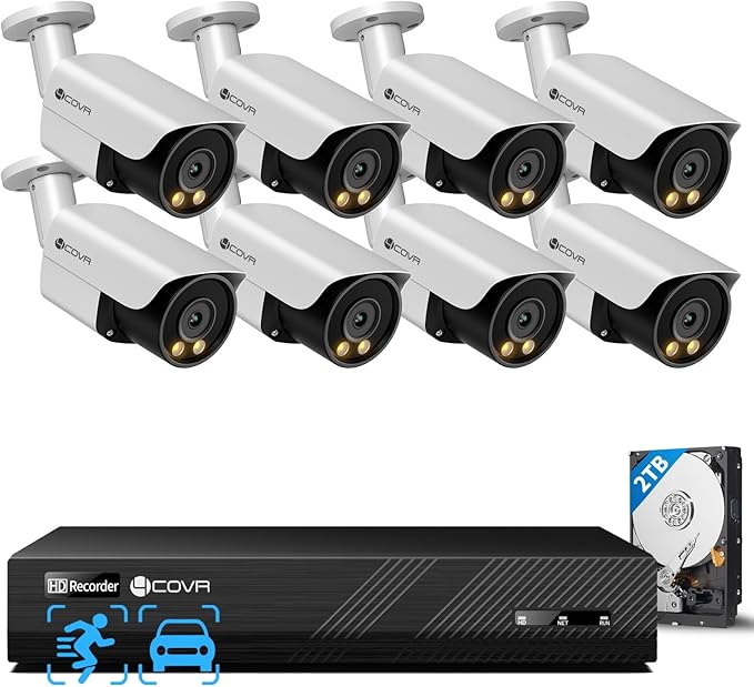 4COVR 8CH 4K Wired Security Camera System, 2-Way Audio & Smart Color Night Vision, 8X 8MP PoE IP Bullet Cameras, AI Human/Vehicle Detection, IP67 Weatherproof, 2TB NVR, 24/7 Recording, LY37YX8M0808-1