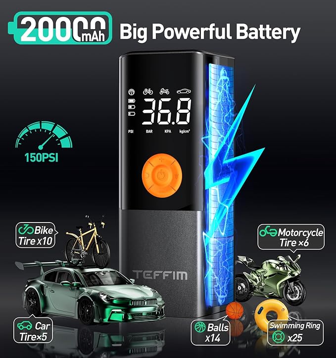 Tire Inflator Portable Air Compressor, 150PSI＆20000mAh Battery Air Pump for Car Tires, 6X Inflate Portable Tire Inflator for Car Motorcycle Balls Bike Pump,12DC Tire Pump with LED Light, Auto shut-off