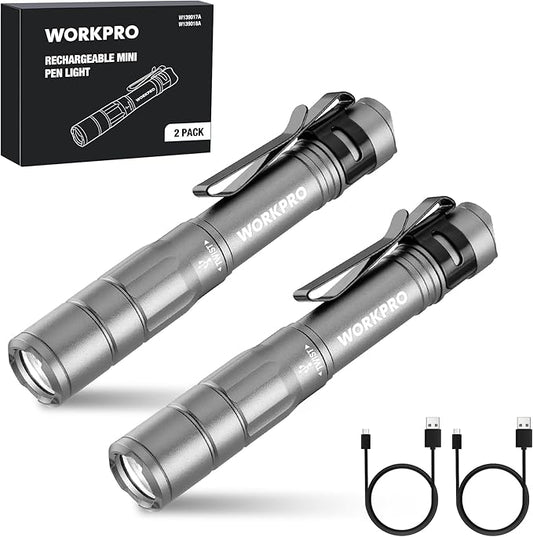 WORKPRO Rechargeable Pen Light, Mini Flashlight, 2 Pack Ultra-Compact EDC Flashlight, Pocket Flashlight with Clip, Memory Function and 2 x USB C Cable Included, Gray