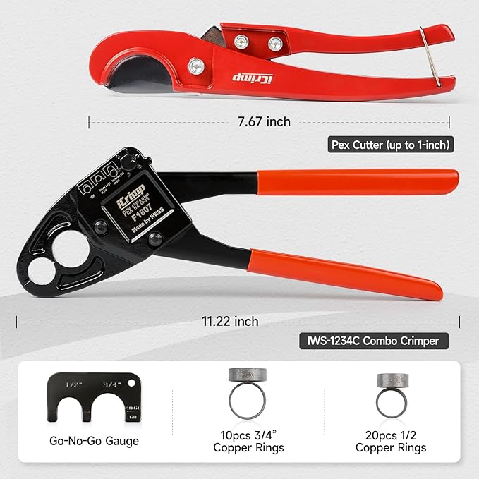 iCrimp Angle Head F1807 PEX Pipe Crimping Tool for Copper Rings - IWS-1234W(1/2&3/4-inchCombo Crimper Kit), Suitable for Tight Spaces