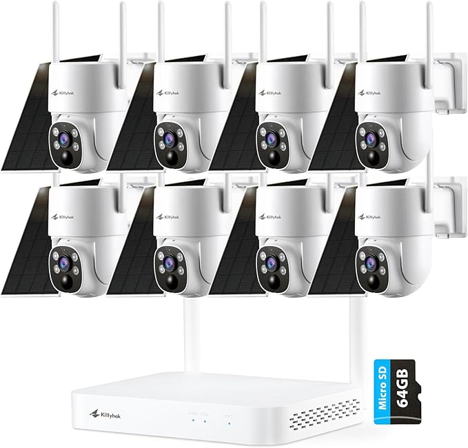 Kittyhok Wireless Solar Security Camera System | 8pcs 2K Ultr Pan Tilt Outdoor Solar Security Camera with Human Detection, Spotlight | 10CH Smart NVR, 40 Days Local Storage, 0 Monthly Fee