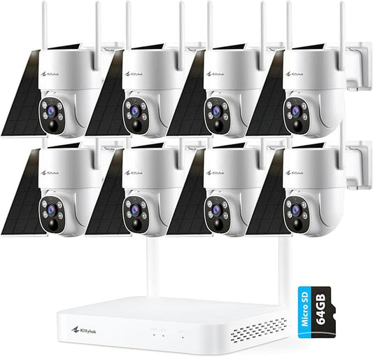 Kittyhok Wireless Solar Security Camera System | 8pcs 2K Ultr Pan Tilt Outdoor Solar Security Camera with Human Detection, Spotlight | 10CH Smart NVR, 40 Days Local Storage, 0 Monthly Fee