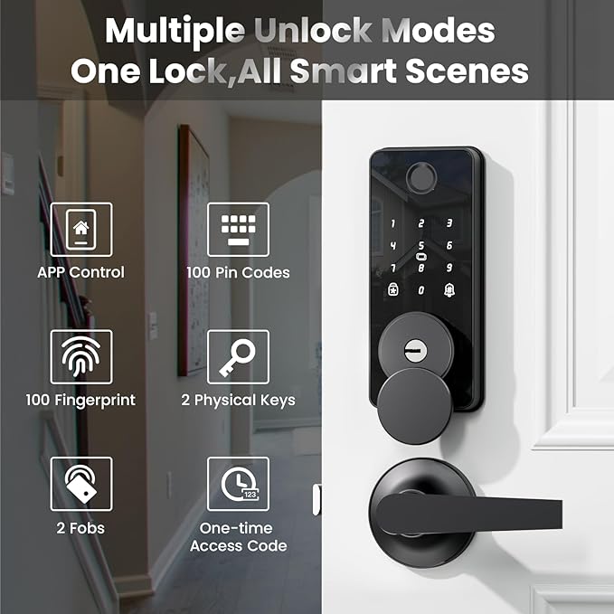 Fingerprint Door Lock Set, Biquole Keyless Entry Door Lock with 2 Lever Handles, Electronic Keypad Deadbolt, Auto & One Touch Lock,Smart Locks for Front Door, Easy Installation, App Control