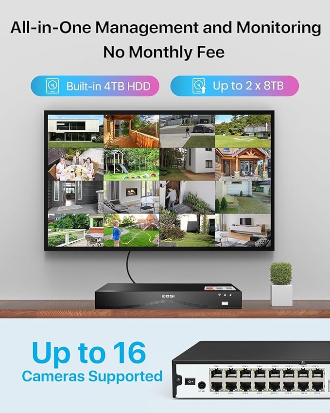 ZOSI 32 Channel 4K PoE Security Camera System,16x 8MP Outdoor Indoor Cameras,AI Human Vehicle Detection,Two-Way Talk,Color Night Vision,32CH 16 Port Commercial NVR 4TB HDD Surveillance for Business