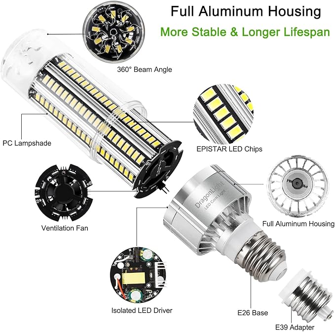 DragonLight 60W Corn LED Light Bulb (200 Watt Metal Halide/HID/HPS Replacement) E26/E39 Large Mogul Base LED Lamp 6000K Daylight 7,200LM