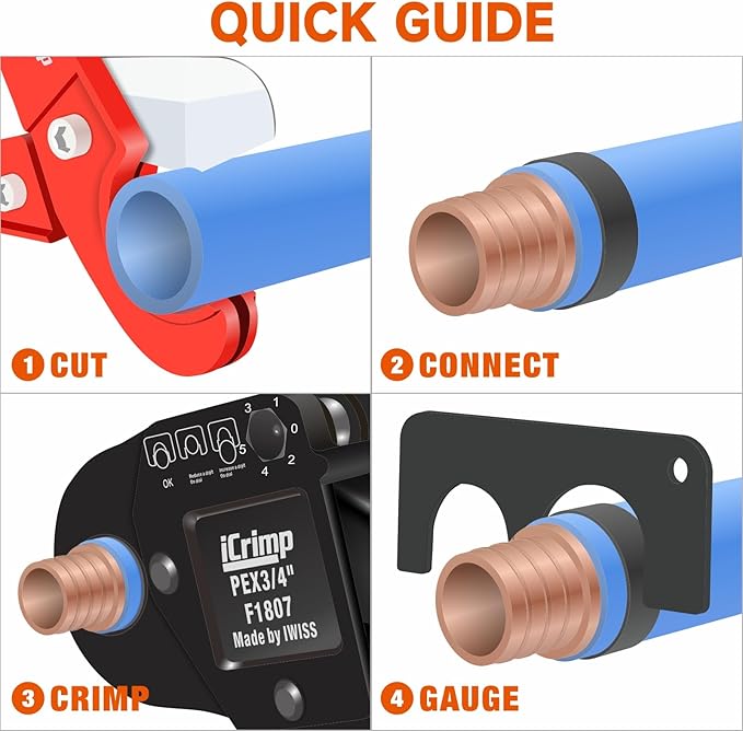 iCrimp IWS-1807CE PEX Crimping Tool Kit c/w Angle 1/2'' & 3/4'' PEX Crimpers and PEX Tubing Cutter for F1807 PEX Crimp Fittings and Copper Crimp Rings