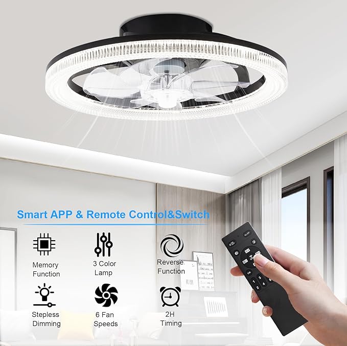 Ceiling Fans with Lights and Remote, 15.7"Flush Mount Ceiling Fan, 6Wind Speeds Low Profile Ceiling Fan with Light, Dimmable LED Fan Light, Modern Smart Leafless Ceiling Fan for Bedroom(Black)