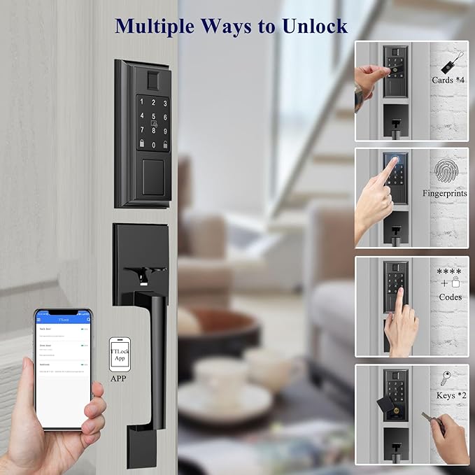 Smart Locks for Front Door with Handle Knob Set, Keyless Entry Door Lock, Fingerprint & App Control, Touchscreen Keypad Deadbolt, Auto Lock, Matte Black