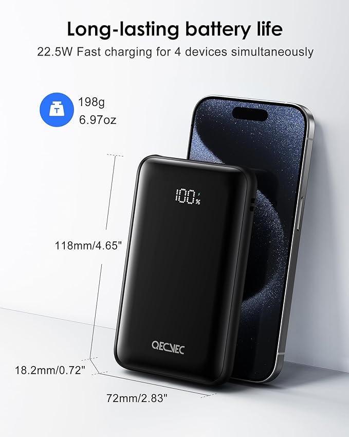 Portable Charger 10000mAh, Cell Phone Portable Power Banks with 22.5W PD Fast Charging, Compact Phone Charger Built in Cable, Compatible with Apple, Samsung, Google, Motorola and More-Black