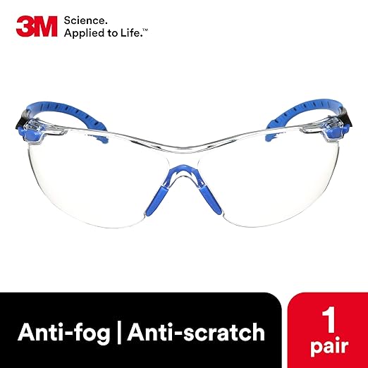 3M Safety Glasses, Solus 1000 Series, ANSI Z87, Scotchgard Anti-Fog, Clear Lens, Low Profile, Blue/Black Frame