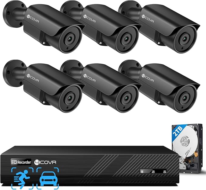 4COVR Home Security Camera System, AI Human Vehicle Detection, 8CH 8MP NVR 2TB HDD, 6Pcs 5MP Wired Commercial Bullet PoE IP Camera IP67 Night Vision, 24/7 Surveillance Outdoor, LY37EB5M0806