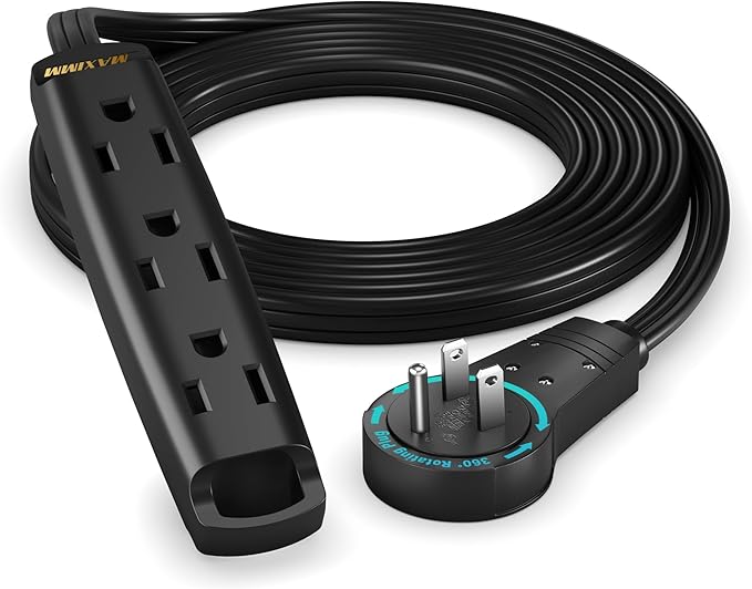 Maximm 6 Ft Black 360° Rotating Flat Plug Extension Cord with 3 Outlets on One Side, Space-Saving Design for Compact Areas, Home & Office Use UL-Listed