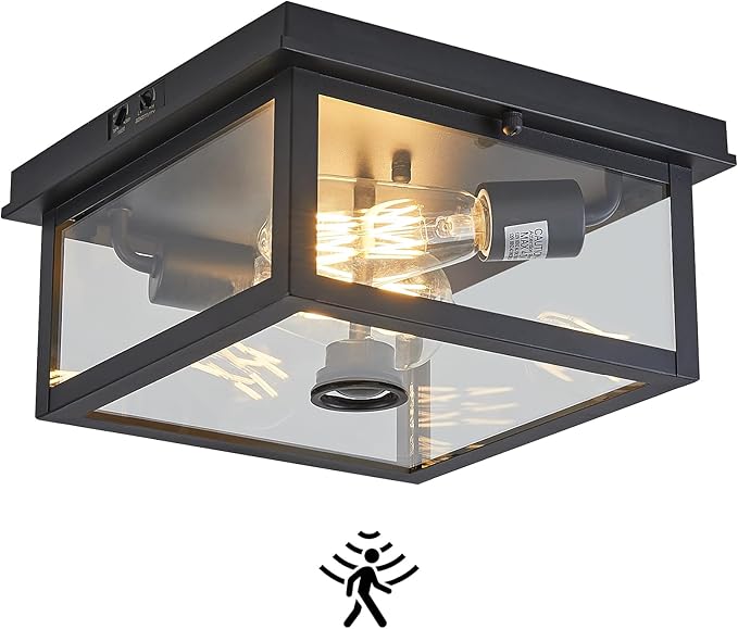Adjustable Motion Sensor Ceiling Light Fixture Outdoor Modern Design of Squares Flush Mount 2-Light Textured Black with Clear Glass for Your Porch,Garage,Patio,Hallway,Front and Back Yards