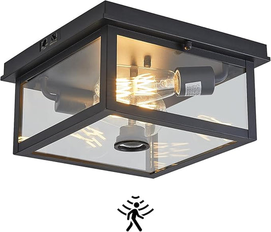 Adjustable Motion Sensor Ceiling Light Fixture Outdoor Modern Design of Squares Flush Mount 2-Light Textured Black with Clear Glass for Your Porch,Garage,Patio,Hallway,Front and Back Yards