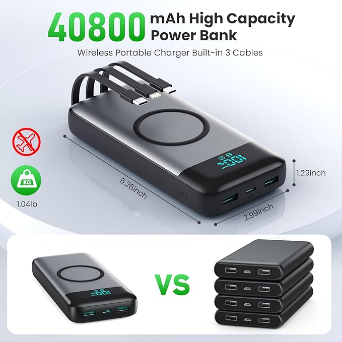 Wireless Portable Charger 40800mAh for iPhone with 3 Built-in Cables,7-in-1 15W Wireless Charging USB C Power Bank,LCD Display 25W PD QC 4.0 Fast Charging Battery Pack for iPhone 16/15/14,Android etc