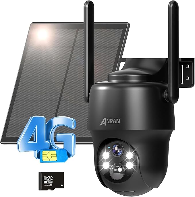 ANRAN 4G LTE Cellular Solar Security Camera Wireless Outdoor,No WiFi 3MP Solar Powered 2K Camera,Color Night Vision,360° Live View,PIR Motion Sensor,2 Way Talk,Black (SIM&SD Card Included)