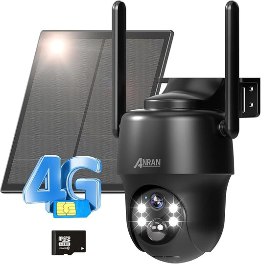 ANRAN 4G LTE Cellular Solar Security Camera Wireless Outdoor,No WiFi 3MP Solar Powered 2K Camera,Color Night Vision,360° Live View,PIR Motion Sensor,2 Way Talk,Black (SIM&SD Card Included)