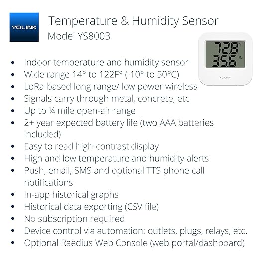 YoLink Smart Wireless Temperature & Humidity Sensor, Wide Temp Range for Fridge, Green House, Pet Cage, App Alerts, Emails, Text/SMS alerts- Hub Required