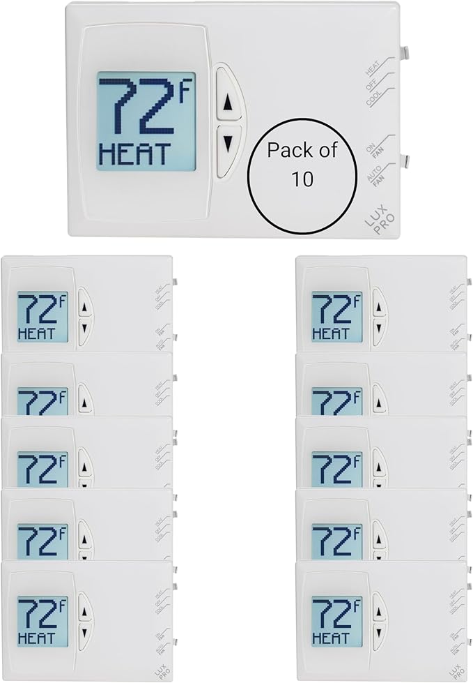 Lux Pro Non-Programmable Thermostat for Home; Backlight Digital Energy Saving Thermostat, 1 Stage System, 1heat/1 Cool, Easy DIY Install, PSD111B, 10 Pack, Batteries Included