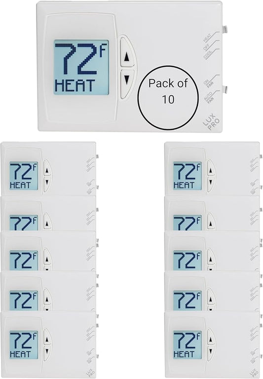Lux Pro Non-Programmable Thermostat for Home; Backlight Digital Energy Saving Thermostat, 1 Stage System, 1heat/1 Cool, Easy DIY Install, PSD111B, 10 Pack, Batteries Included