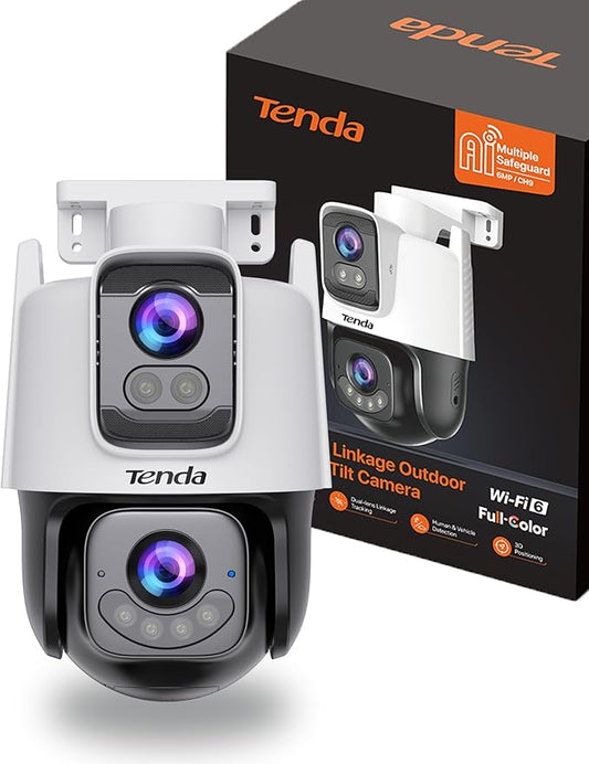 Tenda Wi-Fi Outdoor Camera 2K+2K, 360° PTZ Surveillance Camera with Dual Lens, FHD Auto Tracking, IP65 Waterproof, Color Night Vision, Two-Way Audio, Vehicle Detection – CH9