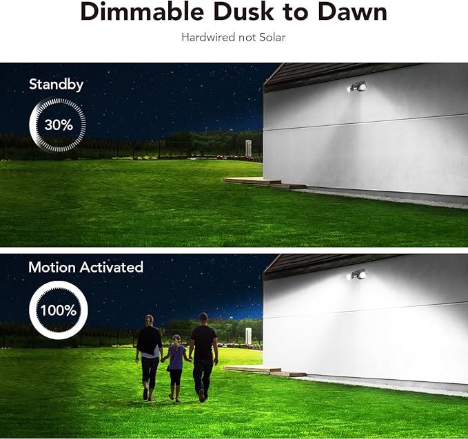 OREiN 2 Pack Motion Sensor Outdoor Lights, 450° Superwide Adjustment Dimmable Dusk to Dawn Flood Lights Outdoor, 5000K 12W=150W Outside LED Security Lights, IP65, Black (Hardwired)