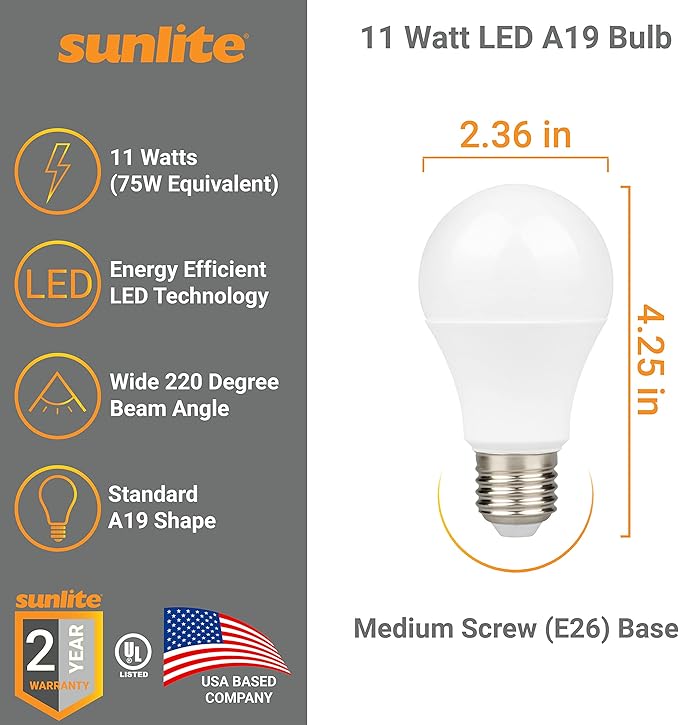 Sunlite LED A19 Light Bulb, Non-Dimmable 11 Watt (75W Equivalent), 1100 Lumens, Medium (E26) Base, UL Listed, 5000K Daylight, 3 Count