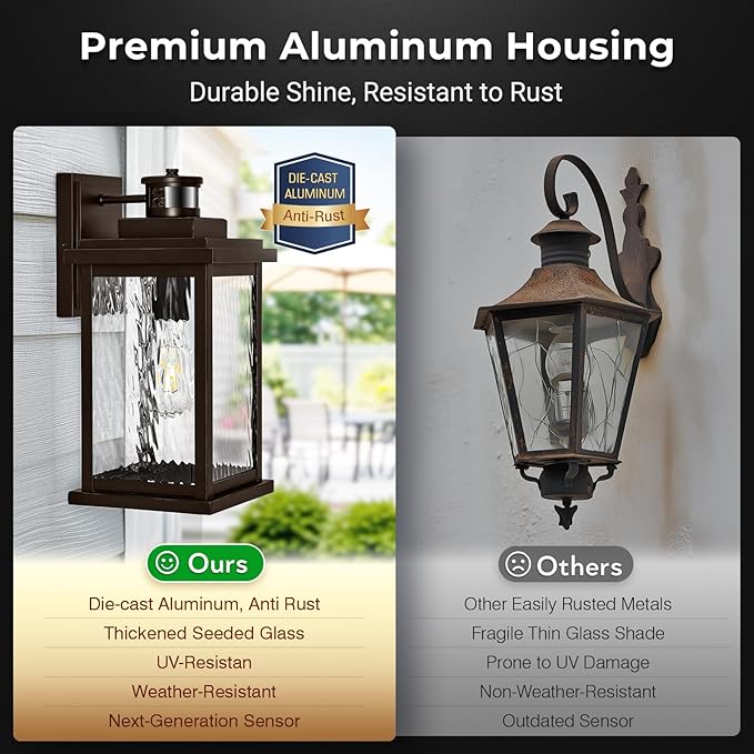VIANIS Large Adjustable-Sensitivity Motion Sensor Outdoor Lights, Oil-Rubbed Bronze Porch Light with Tempered Ripple Glass, Aluminum Waterproof Outdoor Light Fixture, Exterior Lights for Garage