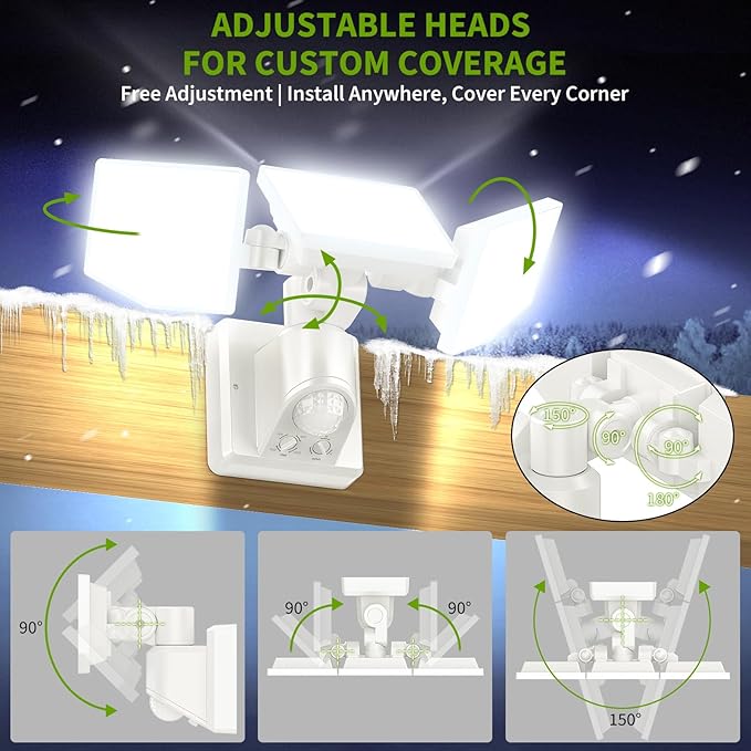 38W LED Security Lights Outdoor with Remote Control, 7500LM Motion Sensor Floodlight, 3 Modes, 6500K, IP65 Waterproof, Dusk to Dawn 3-Head Fixture for Garage, Yard, Porch (White)