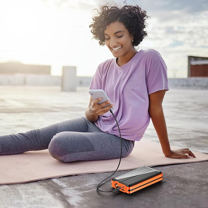 Portable Charger Solar Power Bank 52800mAh 5V/3A Fast Charging Battery Pack with Built in 4 Cables 2 Outputs & LED Flashlight for Cell Phone Camping and Hiking