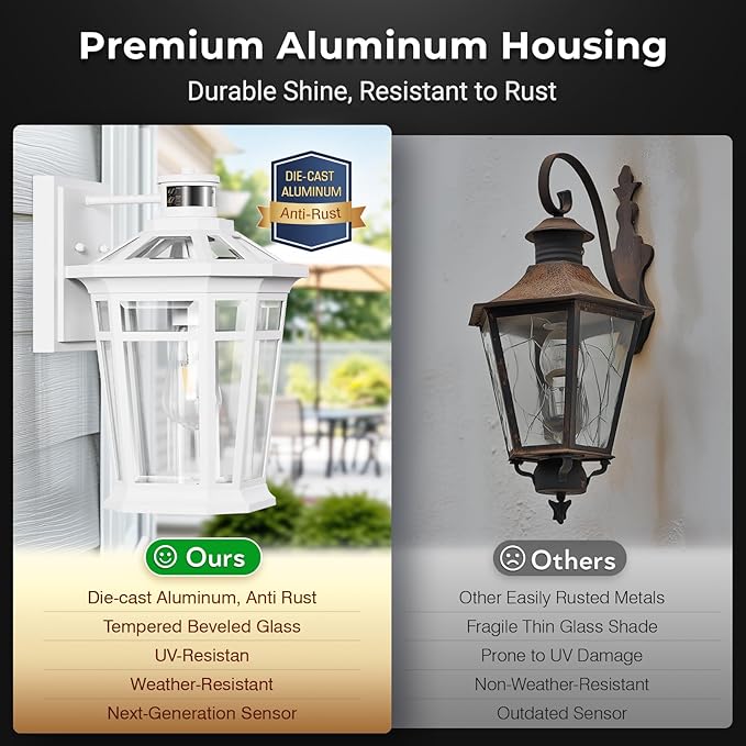 VIANIS White Large Adjustable Sensitivity Motion Sensor Outdoor Lights, Exterior Lighting Fixtures, Aluminum Outdoor Wall Light Waterproof Anti-Rust, Outdoor Lanterns for Front Porch Patio, Entryway