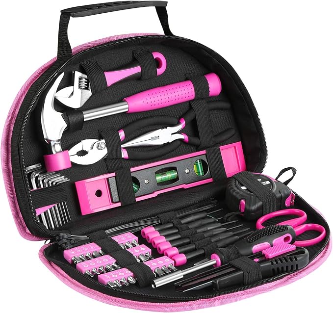 69 Piece Pink Tool kit, Ladies Hand Tool Set with Easy Carrying Round Pouch Household Tool Kit Perfect for DIY, Home Maintenance and Dorm Repair