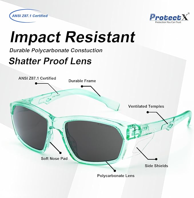 ProtectX Stylish Anti-Fog & Scratch-Resistant Safety Glasses With Readers, UV Protection Goggles, Anti-Impact Lightweight Glasses for Men＆Women Jade Tinted Smoke - 2 Pack