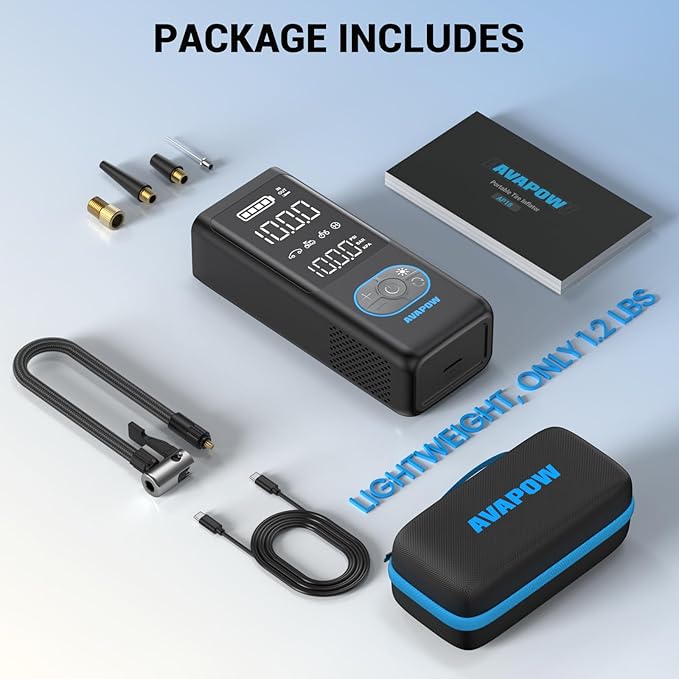 AVAPOW AP18 Tire Inflator Portable Air Compressor, 300% Faster 150 PSI Cordless Air Pump with Tire Pressure Gauge, 3.7″ Dual LCD Screen, Auto-Shuts Off Tire Pump for Car, Motorcycle, Bicycle, Black